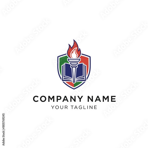 A logo featuring a torch with a flame above an open book, all enclosed within a shield with green, blue, and red sections.