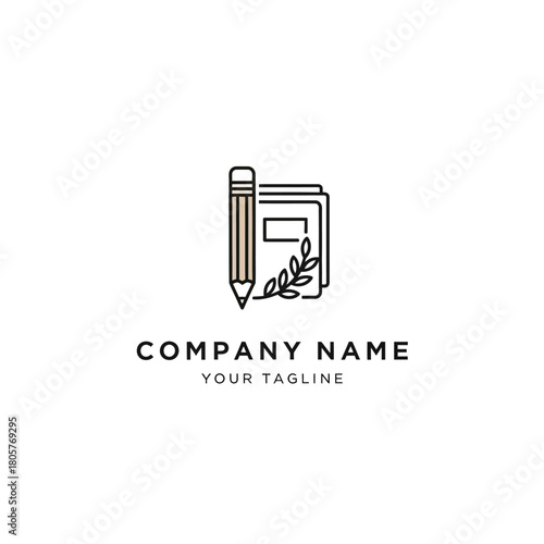 Minimalist logo design with a pencil, books, and a leafy branch for an educational or writing-focused company.