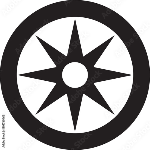Compass rose vector icon with eight points and a central dot within a circular frame