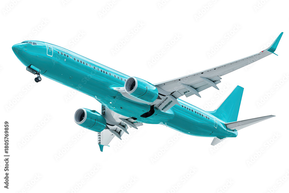 Obraz premium A turquoise commercial airplane ascending against a clear sky. modern aviation technology and design. ideal for travel and transportation themes in stock photography