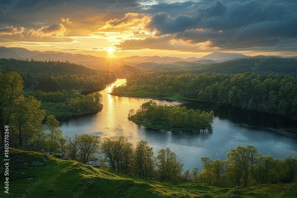 Fototapeta premium Golden sunset over a winding river and forested islands, tranquil awe-inspiring scene with sun rays, reflective water, rolling hills and dramatic cloudscape