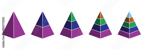 Triangular pyramid icon set. . Triangle pyramid chart collection. Maslow layer diagram. Development level infographic.  Vector illustration