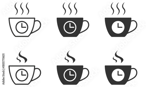 Coffee Break Icon Collection: Steaming cups of coffee showcase the perfect time for a rejuvenating pause, representing moments of relaxation, focus, and energy
