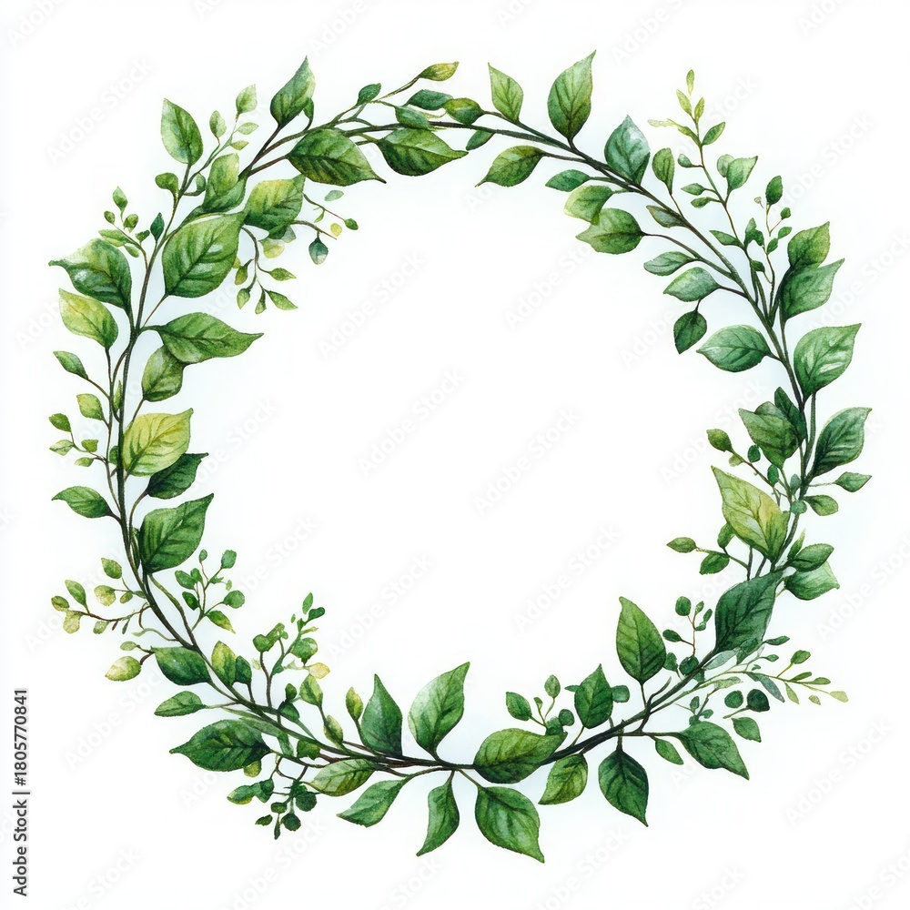 Naklejka premium Circular watercolor green leaf wreath with intertwined stems, small buds and varied foliage on white background, evoking calm fresh natural serenity and elegant simplicity