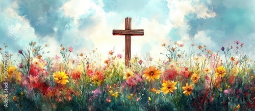 Fototapeta Naklejka Na Ścianę i Meble -  wooden cross in a sunlit wildflower meadow beneath a bright cloudy sky, peaceful and hopeful