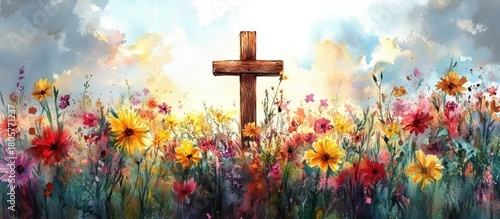 Fototapeta Naklejka Na Ścianę i Meble -  Wooden cross standing in a colorful wildflower meadow beneath a glowing sky, watercolor blossoms and warm light evoking peaceful hopeful serenity