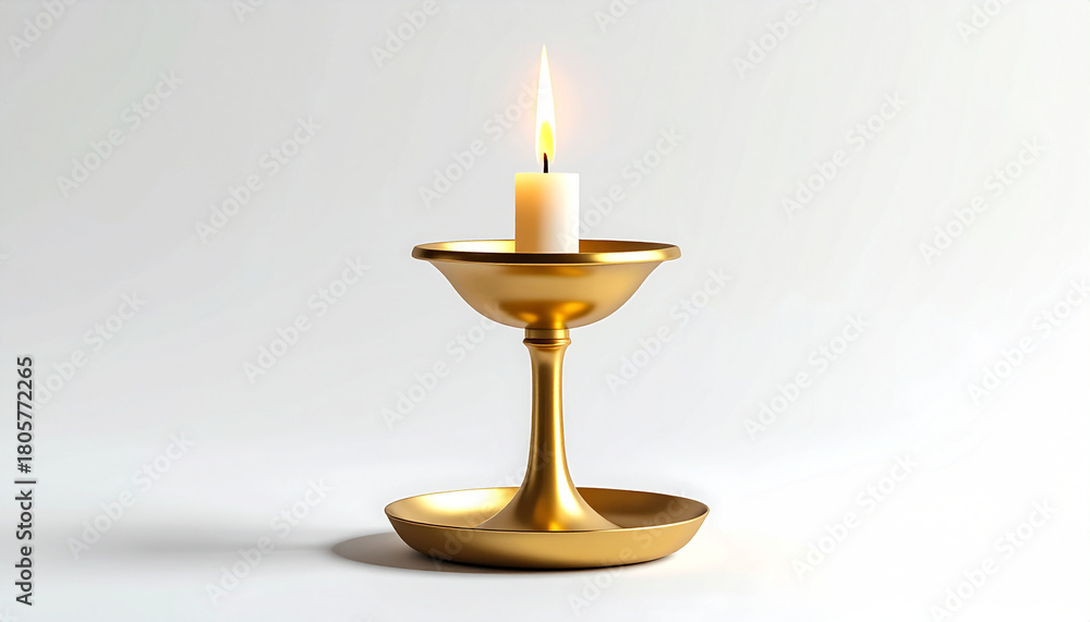 Fototapeta premium Lit candle in gold candlestick on white background.