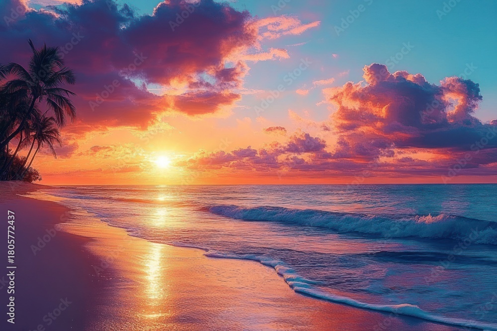 Fototapeta premium tropical palm-fringed beach at a glowing sunset with colorful clouds and gentle waves lapping golden sand, serene and dreamy atmosphere