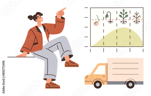 Woman gestures toward plant growth graph featuring germination to harvest, with truck symbolizing transport. Ideal for agriculture, logistics, farming, sustainability, growth analysis, education