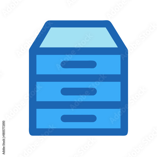 Minimalist flat design of a blue file cabinet with drawers