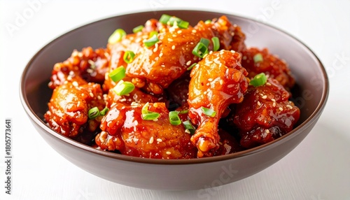 Savory and crispy Korean fried chicken wings and drumettes, generously coated in a sticky red gochujang sauce and served in a dark bowl