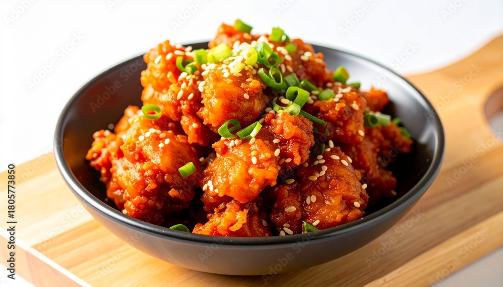 Fototapeta premium A close-up shot of crispy Korean fried chicken coated in a sticky, sweet and spicy gochujang sauce, served in a black bowl and garnished with sesame seeds
