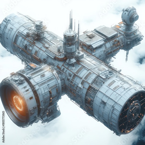 Fototapeta Naklejka Na Ścianę i Meble -  Massive cross-shaped orbital space station with detailed cylindrical modules, glowing orange reactor ports and antennas above clouds, evoking awe and futuristic solitude