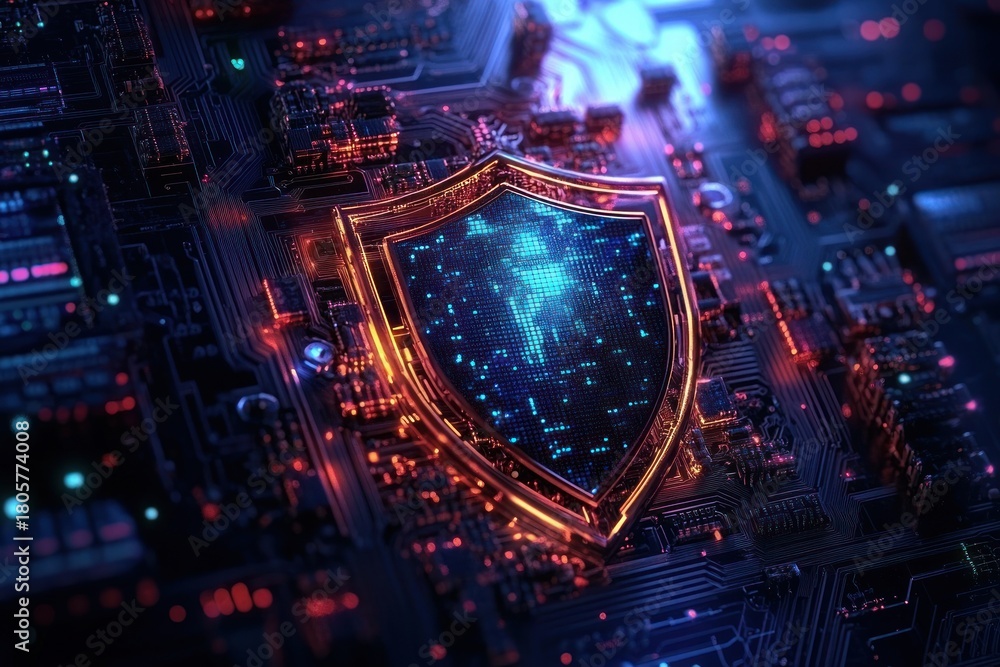 Fototapeta premium glowing digital shield embedded in a neon circuit board with blue and orange lights conveying vigilance and high-tech cybersecurity protection