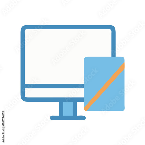 Flat vector monitor graphic with document on black background