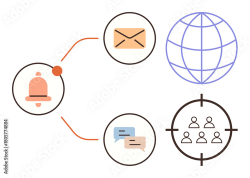 Notification bell, email envelope, chat bubbles, globe, and target audience icon connected by lines. Ideal for communication, marketing, messaging targeting strategy network and global reach. A