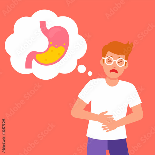 Man with Stomach Pain, Acid Reflux, or Indigestion. Gastritis or Digestive Problem Concept.