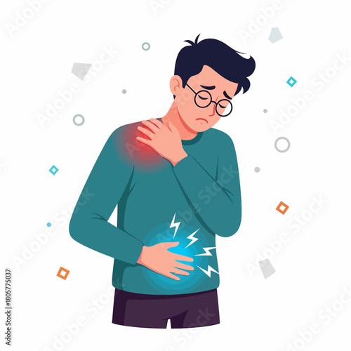 Man suffering from abdominal cramps and shoulder joint pain, flat vector illustration.