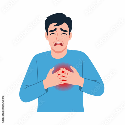 Man experiencing severe chest pain. Heart attack symptoms or acute cardiac discomfort due to health emergency.