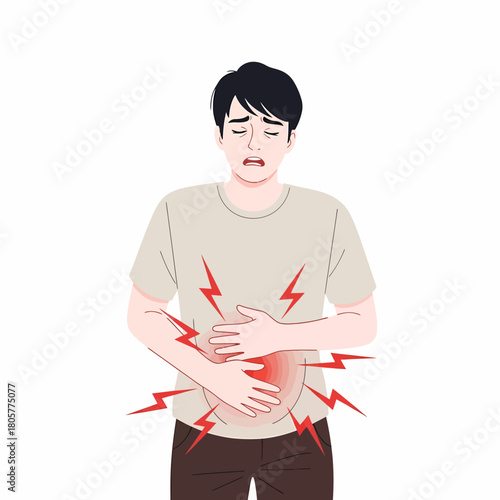 Man suffering from stomach pain, holding abdomen. Gastritis, indigestion, or abdominal discomfort concept illustration.