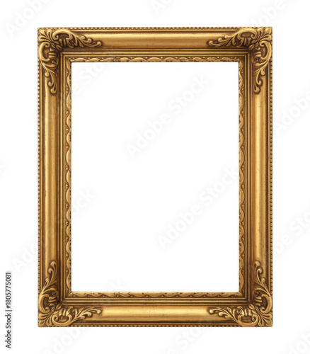 Ornate golden picture frame isolated on a transparent background