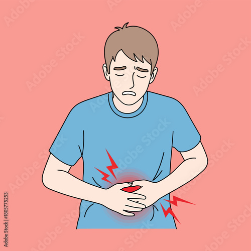 Man Suffering from Severe Abdominal Pain: Stomach Ache Illustration Showing Digestive Distress, Cramps, and Illness Symptoms