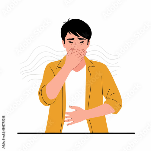 Man covering mouth and nose, reacting strongly to bad smell, unpleasant odor, or experiencing nausea and disgust.
