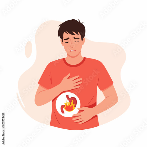 Man Suffering from Heartburn, Acid Reflux, or Gastritis. Vector illustration of stomach pain and digestive discomfort.
