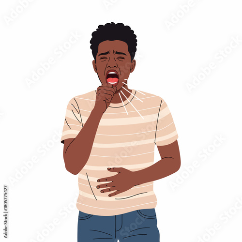 Vector Illustration of Young Black Man Coughing. Male Person Suffering from Illness, Flu, Cold, or Sore Throat Symptoms.