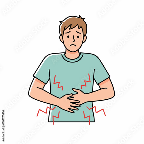 Young man suffering from stomach ache or abdominal pain. Digestive problem illustration, showing cramps or acute internal pain. Isolated vector graphic.