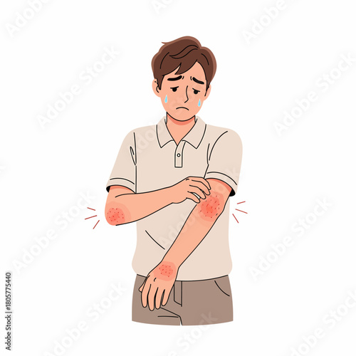 Crying man scratching allergic rash, eczema, or dermatitis on his arm.