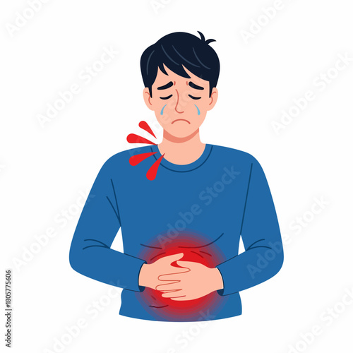 Crying Man Suffering from Severe Stomach Pain, Heartburn, or Acid Reflux. Distressed male character clutching abdomen with red highlight, symbolizing acute digestive illness.