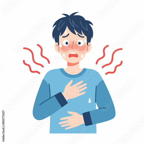 Young man suffering from fever, heatstroke, or anxiety. Sweating profusely and experiencing chest discomfort or shortness of breath.