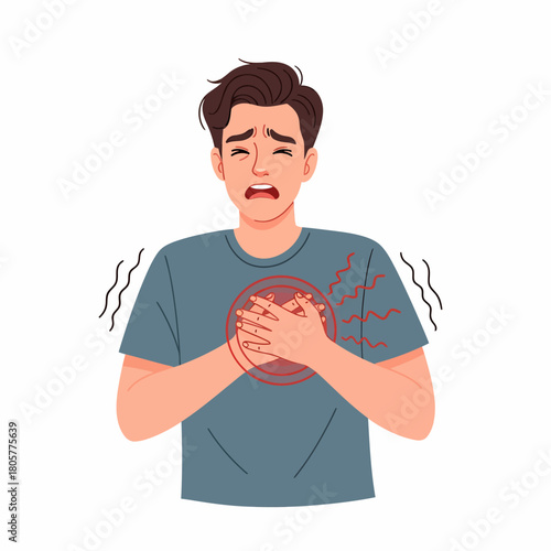 Illustration of a young man having severe chest pain, clutching his heart due to heart attack, angina, or panic attack on white background.
