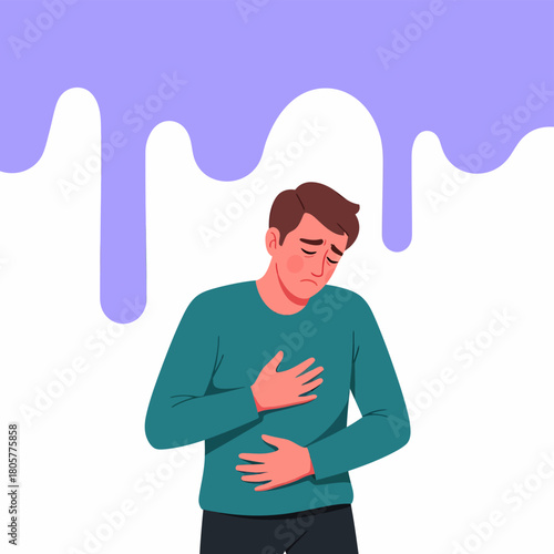 Man suffering from stomach or chest pain, heartburn, or severe anxiety attack. Flat vector illustration of illness or digestive problem.