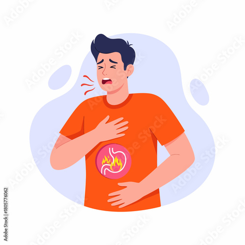 Man Suffering from Heartburn, Acid Reflux, and Stomach Pain. Digestive Illness and Gastric Burning Sensation Illustration.