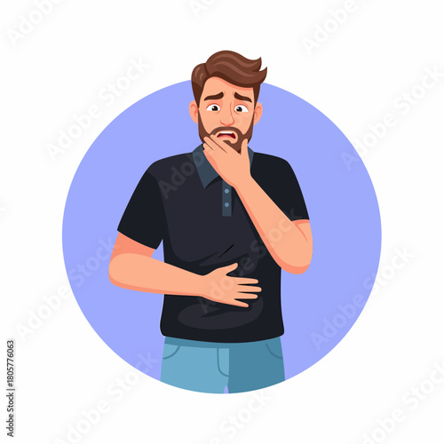 Man having stomach ache and sore throat. Vector illustration of a person feeling unwell due to nausea, reflux, or cold symptoms.