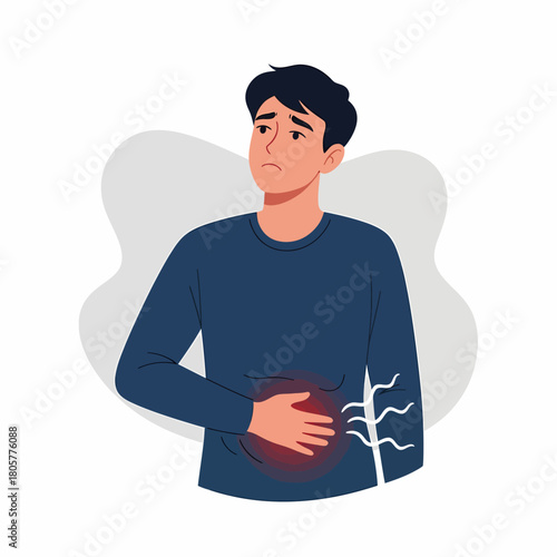 Man Suffering from Stomach Ache, Abdominal Pain, Indigestion or Gastritis. Male character experiencing acute digestive cramps and discomfort.