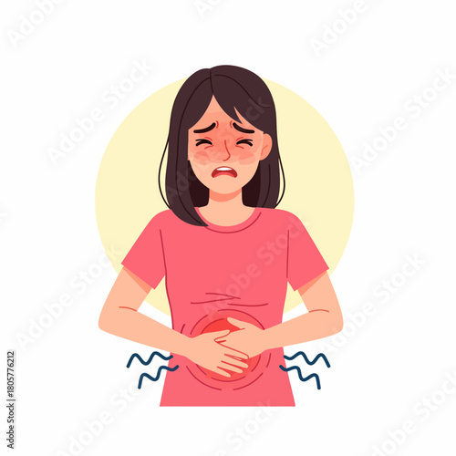 Young woman suffering from severe abdominal pain, indigestion, or period cramps, clutching her stomach. Healthcare and illness vector illustration.