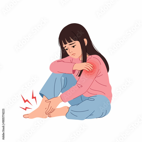 Young woman suffering from ankle and shoulder joint pain. Body injury and chronic pain illustration.