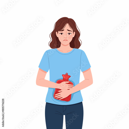 Woman with Abdominal Pain or Menstrual Cramps Using Hot Water Bottle for Relief