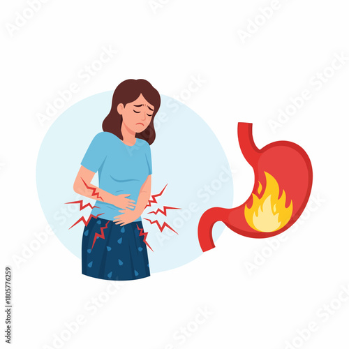 Heartburn and Stomach Pain Concept. Woman Suffering from Acid Reflux or Gastritis, Illustrated with a Burning Stomach Organ Diagram