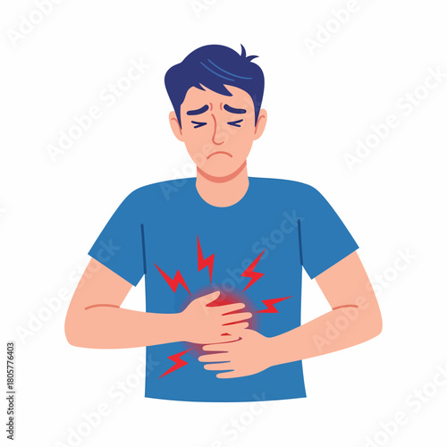 Man suffering from stomach pain, holding his abdomen with hands. Abdominal cramps, indigestion, or digestive system distress vector illustration.