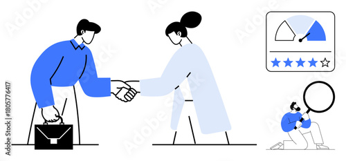 Business professionals shaking hands, rating scale with stars, and individual analyzing data with magnifying glass. Ideal for collaboration, performance review, customer feedback, agreement
