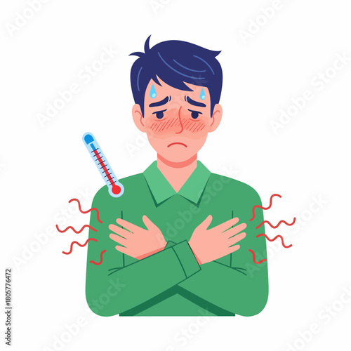 Sick Man with Fever and Chills. High Temperature Illness and Flu Symptoms Illustration.