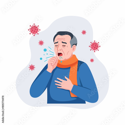 Senior Man Coughing: Illness, Viral Infection Spread, and Coronavirus Symptoms Illustration