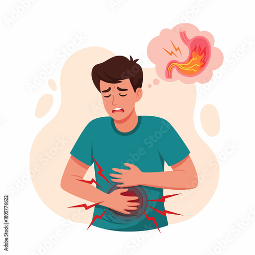 Young man suffering from stomach pain, heartburn, or acid reflux. Gastritis concept vector illustration.
