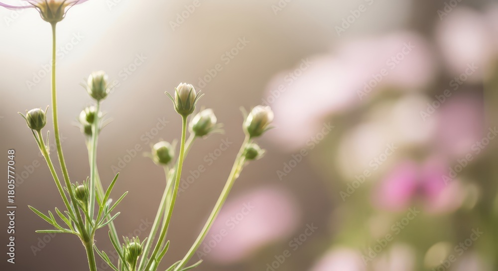 Fototapeta premium Delicate flower buds stand tall against a bright, sunlit background