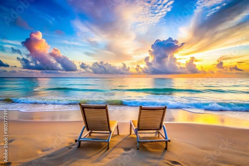 Fototapeta Naklejka Na Ścianę i Meble -  Wooden lounge chairs on a sandy beach at sunset, tranquil ocean waves, a relaxing tropical vacation scene, and a peaceful seaside holiday background for travel, resort, and summer lifestyle concepts.