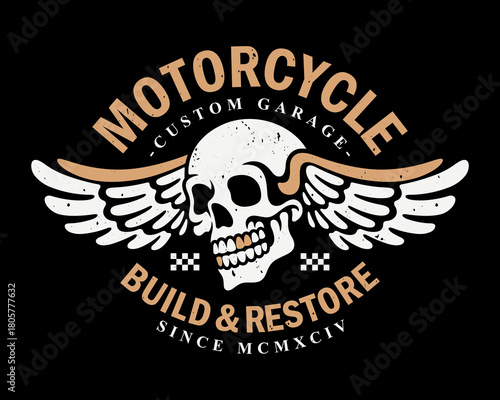 Winged Skull Motorcycle Emblem. Vintage vector graphic perfect for custom garage logos, biker patches, and motorcycle club apparel